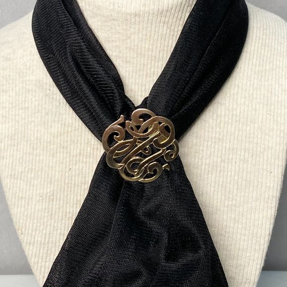 Vintage Scarf Holder Orante Gold Tone Metal Swirly Lines Initials - Picture 1 of 6